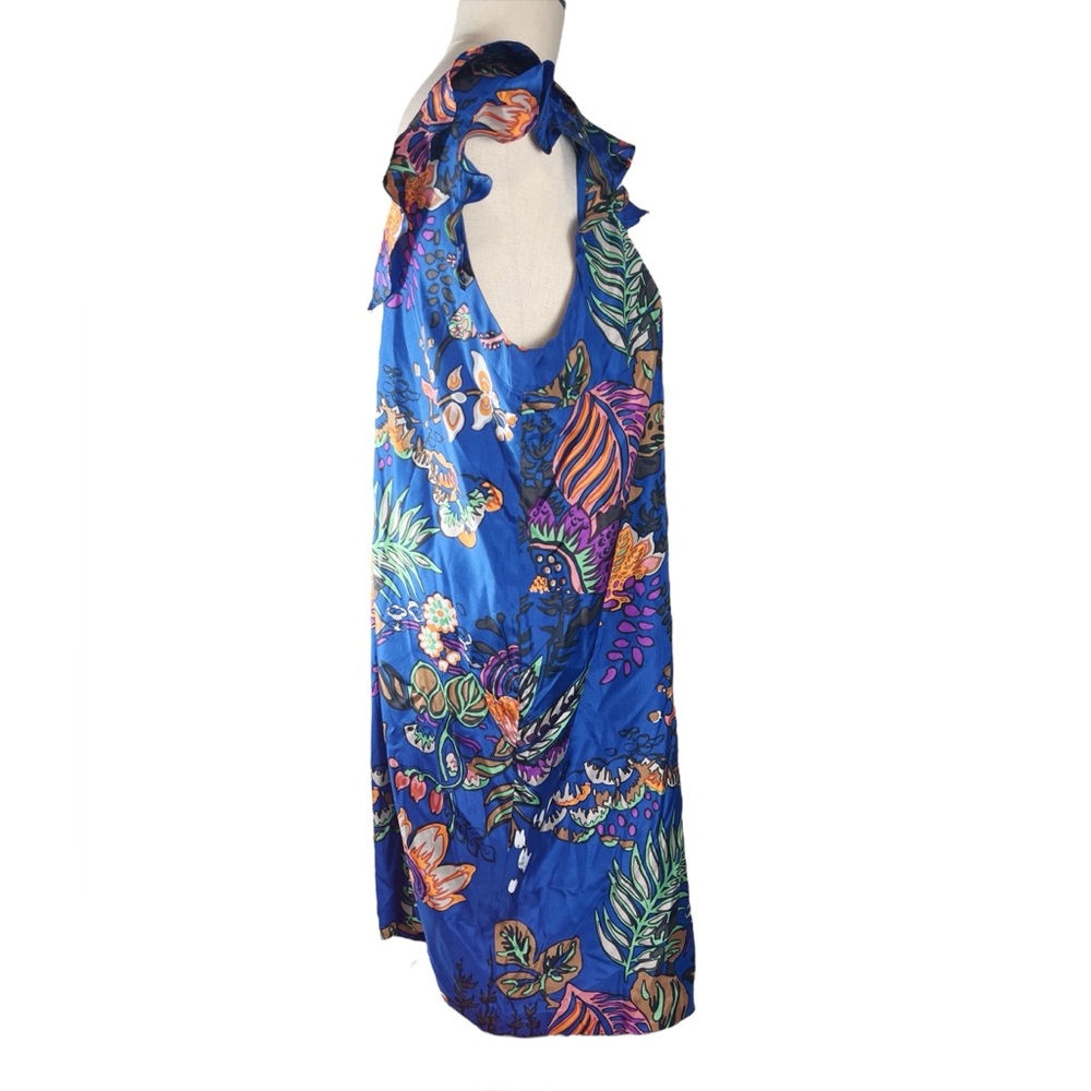 J. Crew Silk Ruffle Dress in Blue Tropical Flower Print Sz 14 EUC  Resort Cruise - Picture 2 of 7